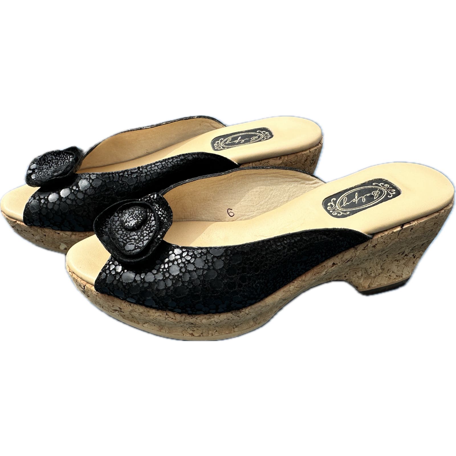Salpy Lily Cork Wedges Handmade Sandals Black Frog Size 6